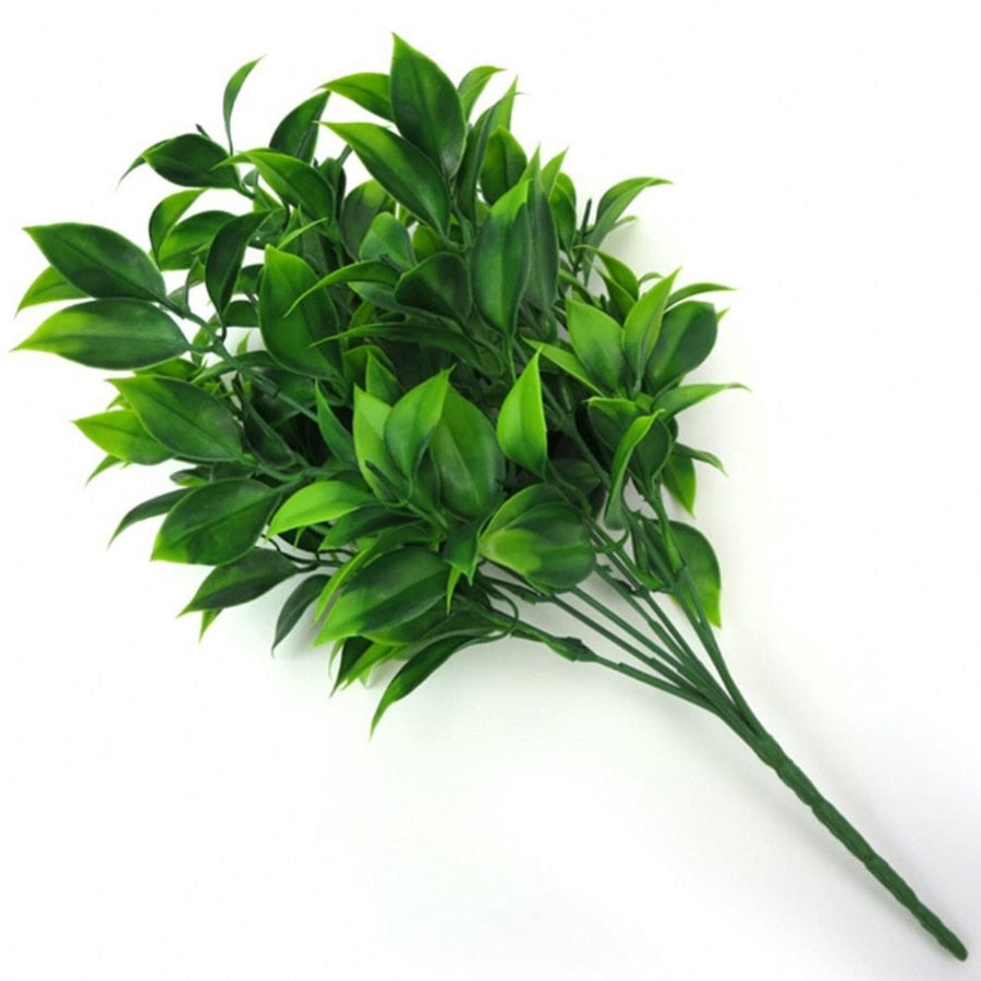 7 branches d'arbustes artificiels verts : des plantes au feuillage d'eucalyptus orange pour une décoration de jardin, maison et boutique éclatante