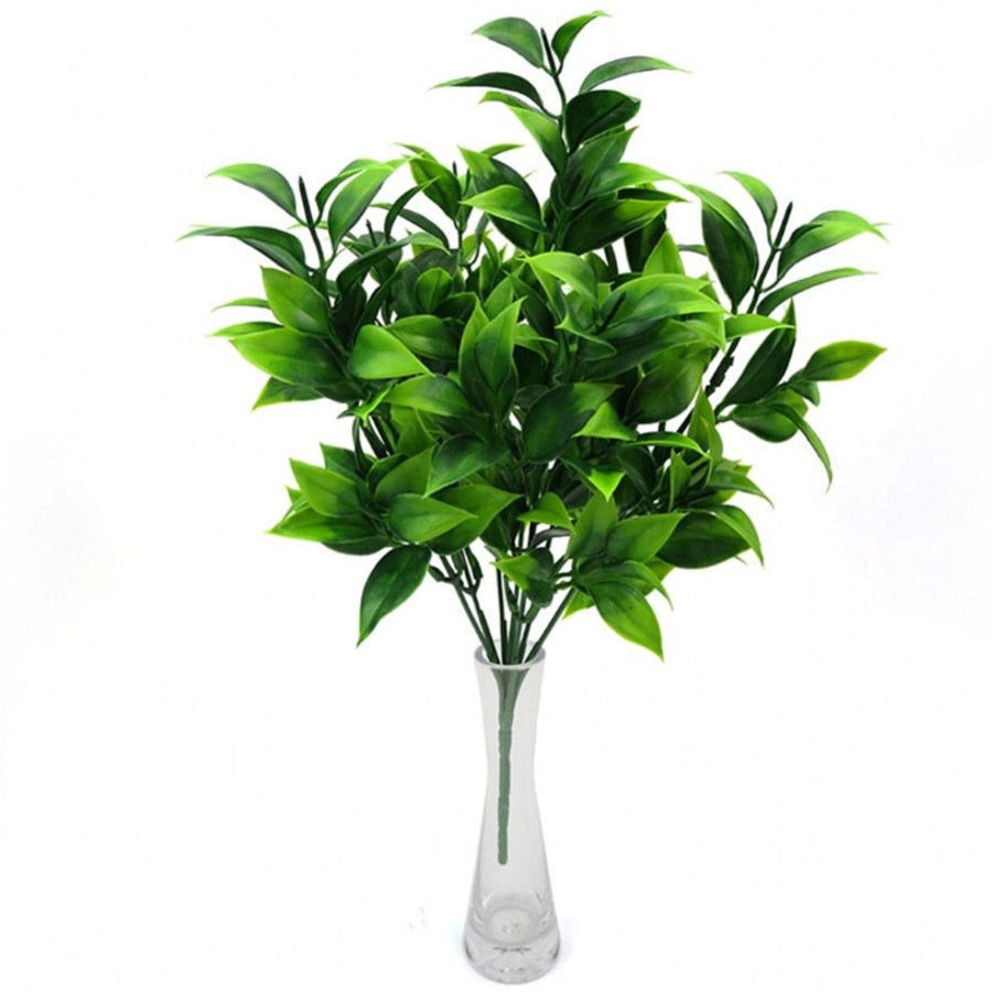7 branches d'arbustes artificiels verts : des plantes au feuillage d'eucalyptus orange pour une décoration de jardin, maison et boutique éclatante
